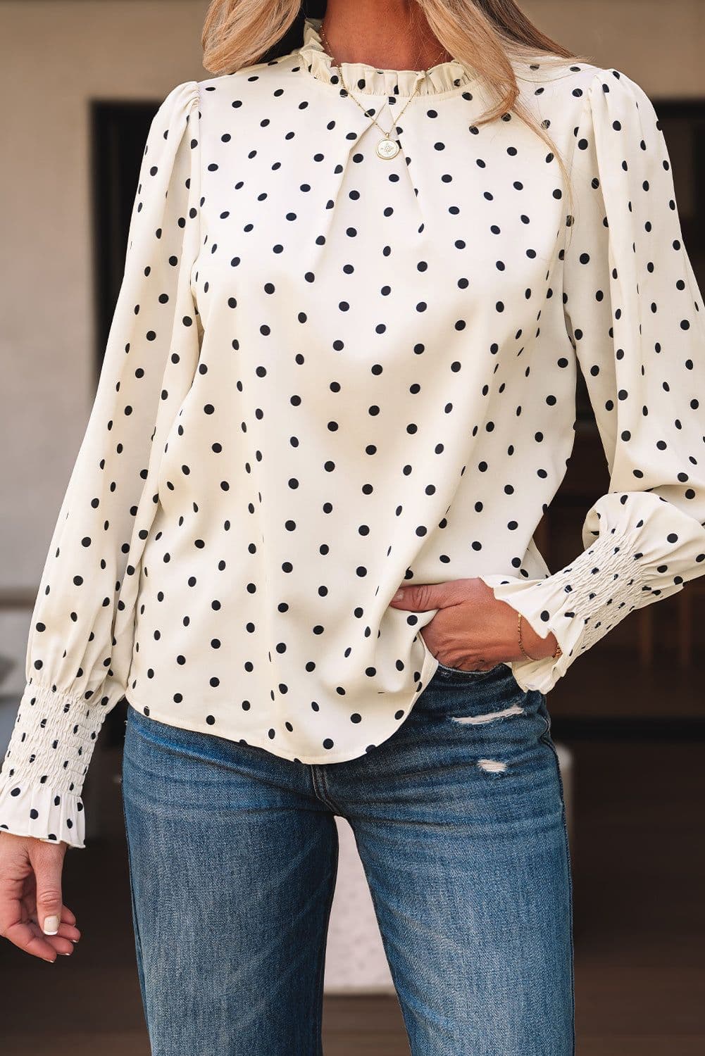 image-Apricot Polka Dot Print Frilled Collar Lantern Sleeve Blouse