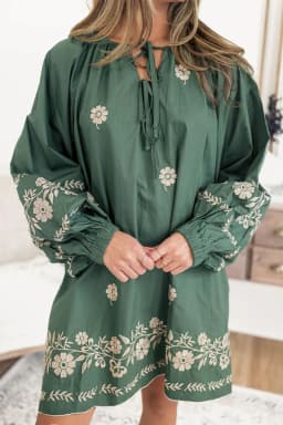 image-Mist Green Tie Neck Boho Floral Puff Sleeve Shift Dress