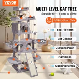image-VEVOR Cat Tree for Indoor Cats, 68.5" Cat Tower with 2 Cat Condos, Sisal Scratching Post, Hammocks, Top Perches, Jumping Platforms and Ramp, Cat Furniture Activity Center with Hang Balls, Light Grey
