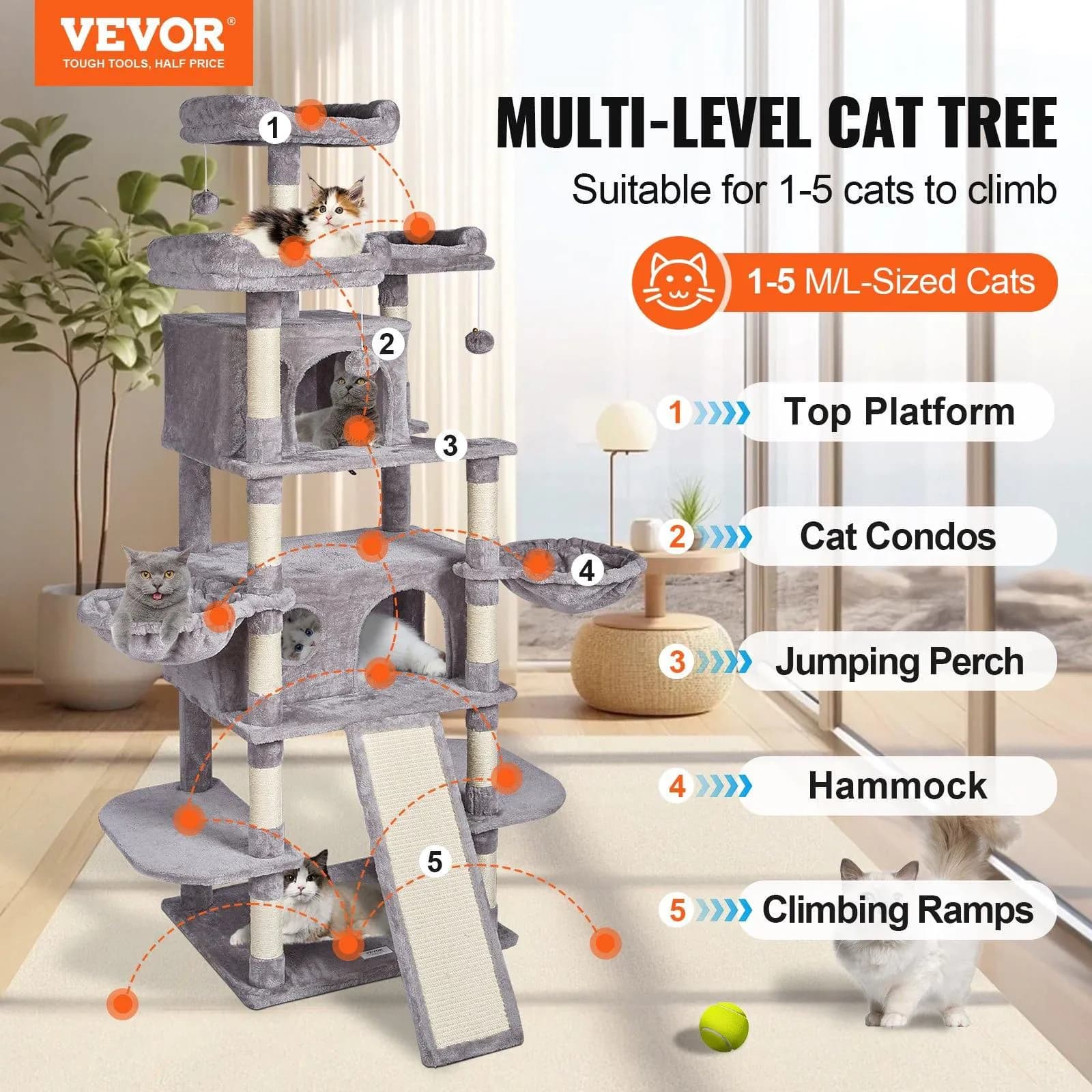 image-VEVOR Cat Tree for Indoor Cats, 68.5" Cat Tower with 2 Cat Condos, Sisal Scratching Post, Hammocks, Top Perches, Jumping Platforms and Ramp, Cat Furniture Activity Center with Hang Balls, Light Grey
