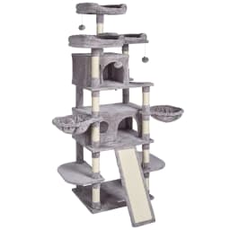 image-VEVOR Cat Tree for Indoor Cats, 68.5" Cat Tower with 2 Cat Condos, Sisal Scratching Post, Hammocks, Top Perches, Jumping Platforms and Ramp, Cat Furniture Activity Center with Hang Balls, Light Grey
