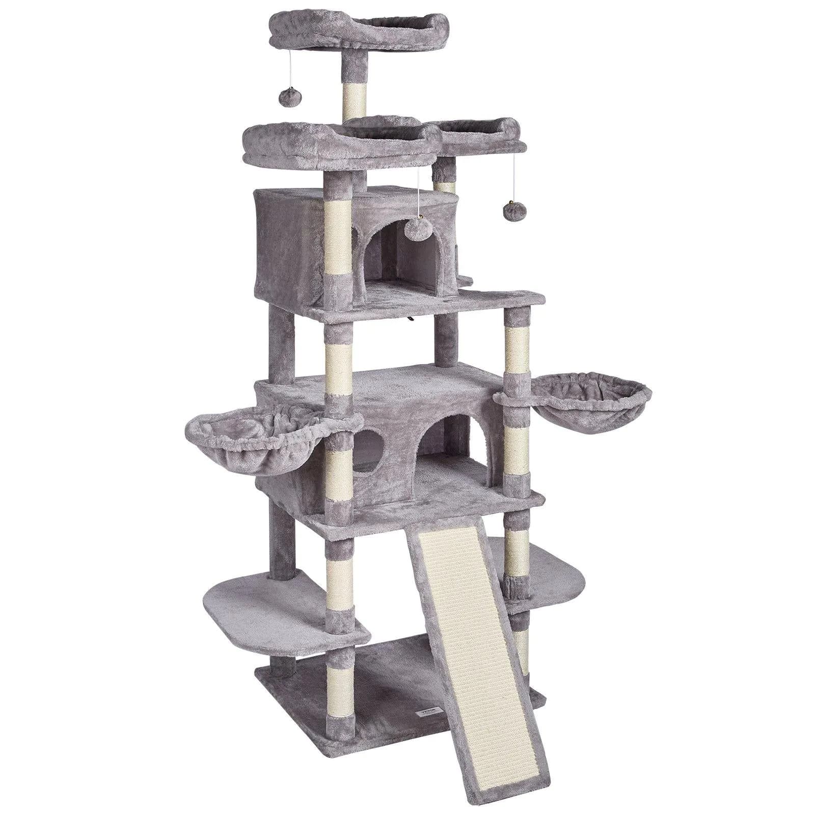 image-VEVOR Cat Tree for Indoor Cats, 68.5" Cat Tower with 2 Cat Condos, Sisal Scratching Post, Hammocks, Top Perches, Jumping Platforms and Ramp, Cat Furniture Activity Center with Hang Balls, Light Grey