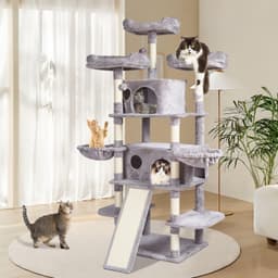 image-VEVOR Cat Tree for Indoor Cats, 68.5" Cat Tower with 2 Cat Condos, Sisal Scratching Post, Hammocks, Top Perches, Jumping Platforms and Ramp, Cat Furniture Activity Center with Hang Balls, Light Grey