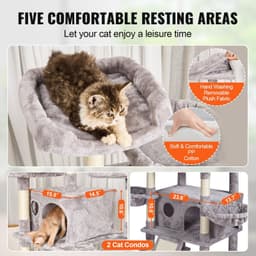 image-VEVOR Cat Tree for Indoor Cats, 68.5" Cat Tower with 2 Cat Condos, Sisal Scratching Post, Hammocks, Top Perches, Jumping Platforms and Ramp, Cat Furniture Activity Center with Hang Balls, Light Grey