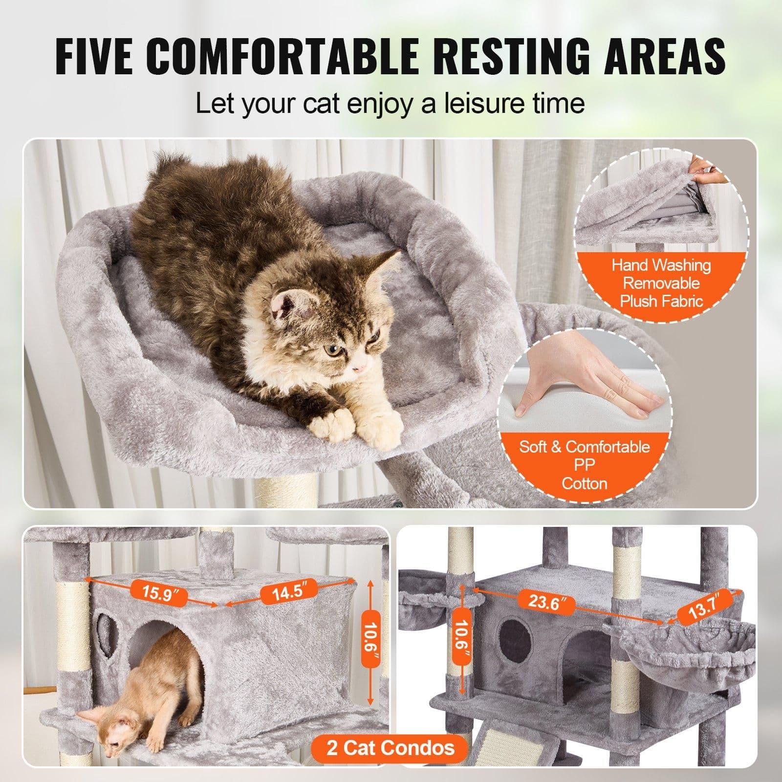 image-VEVOR Cat Tree for Indoor Cats, 68.5" Cat Tower with 2 Cat Condos, Sisal Scratching Post, Hammocks, Top Perches, Jumping Platforms and Ramp, Cat Furniture Activity Center with Hang Balls, Light Grey