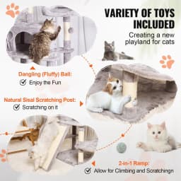 image-VEVOR Cat Tree for Indoor Cats, 68.5" Cat Tower with 2 Cat Condos, Sisal Scratching Post, Hammocks, Top Perches, Jumping Platforms and Ramp, Cat Furniture Activity Center with Hang Balls, Light Grey