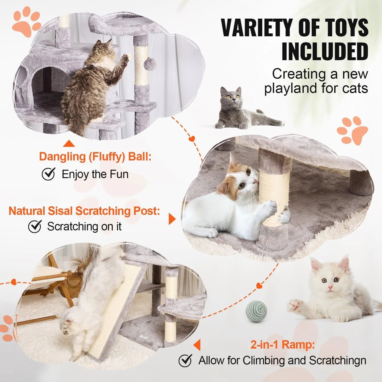 image-VEVOR Cat Tree for Indoor Cats, 68.5" Cat Tower with 2 Cat Condos, Sisal Scratching Post, Hammocks, Top Perches, Jumping Platforms and Ramp, Cat Furniture Activity Center with Hang Balls, Light Grey