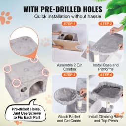 image-VEVOR Cat Tree for Indoor Cats, 68.5" Cat Tower with 2 Cat Condos, Sisal Scratching Post, Hammocks, Top Perches, Jumping Platforms and Ramp, Cat Furniture Activity Center with Hang Balls, Light Grey