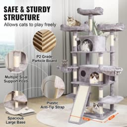 image-VEVOR Cat Tree for Indoor Cats, 68.5" Cat Tower with 2 Cat Condos, Sisal Scratching Post, Hammocks, Top Perches, Jumping Platforms and Ramp, Cat Furniture Activity Center with Hang Balls, Light Grey
