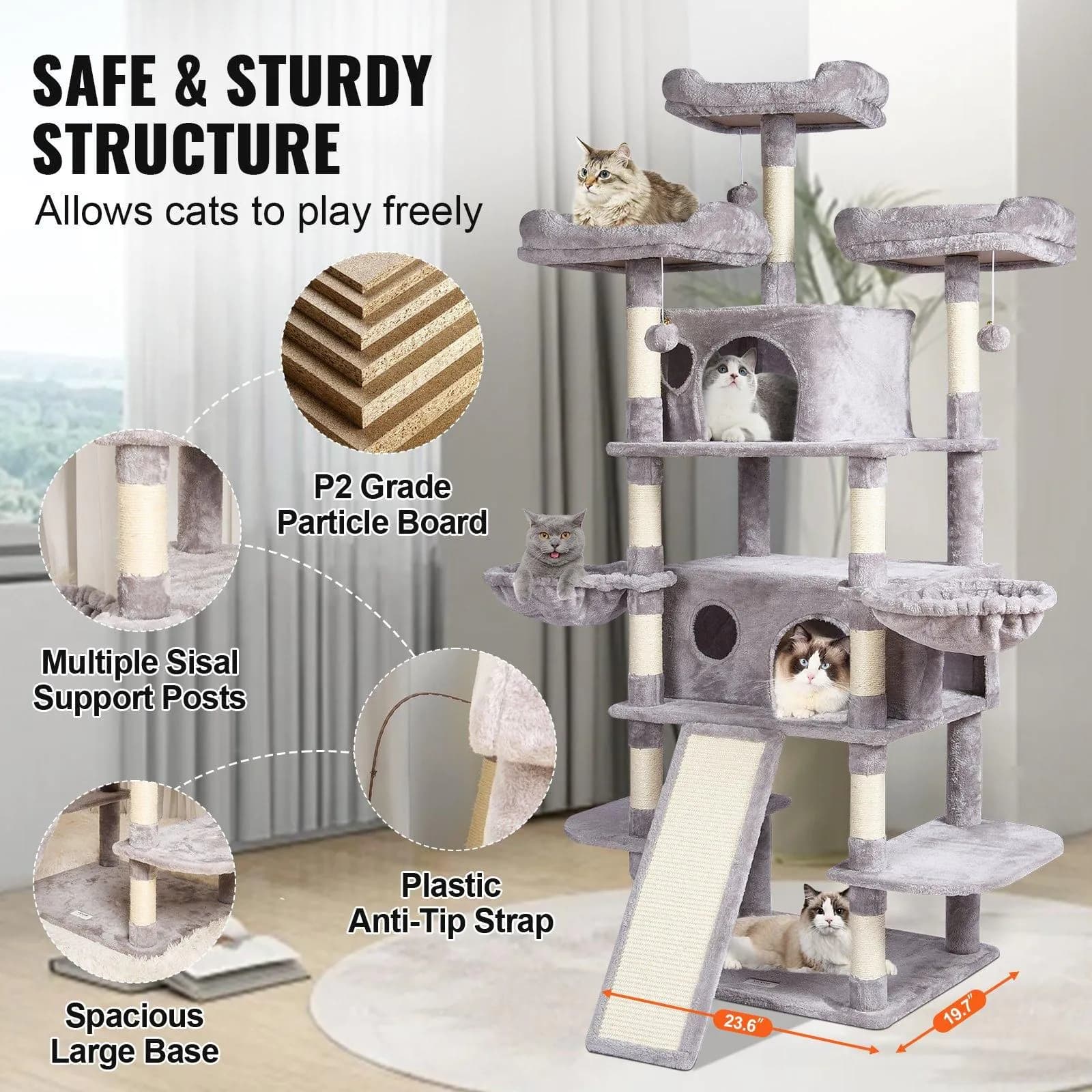 image-VEVOR Cat Tree for Indoor Cats, 68.5" Cat Tower with 2 Cat Condos, Sisal Scratching Post, Hammocks, Top Perches, Jumping Platforms and Ramp, Cat Furniture Activity Center with Hang Balls, Light Grey