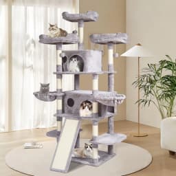 image-VEVOR Cat Tree for Indoor Cats, 68.5" Cat Tower with 2 Cat Condos, Sisal Scratching Post, Hammocks, Top Perches, Jumping Platforms and Ramp, Cat Furniture Activity Center with Hang Balls, Light Grey