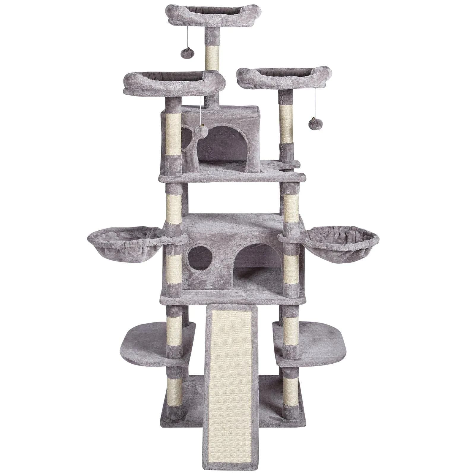 image-VEVOR Cat Tree for Indoor Cats, 68.5" Cat Tower with 2 Cat Condos, Sisal Scratching Post, Hammocks, Top Perches, Jumping Platforms and Ramp, Cat Furniture Activity Center with Hang Balls, Light Grey