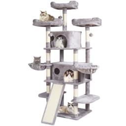 image-VEVOR Cat Tree for Indoor Cats, 68.5" Cat Tower with 2 Cat Condos, Sisal Scratching Post, Hammocks, Top Perches, Jumping Platforms and Ramp, Cat Furniture Activity Center with Hang Balls, Light Grey
