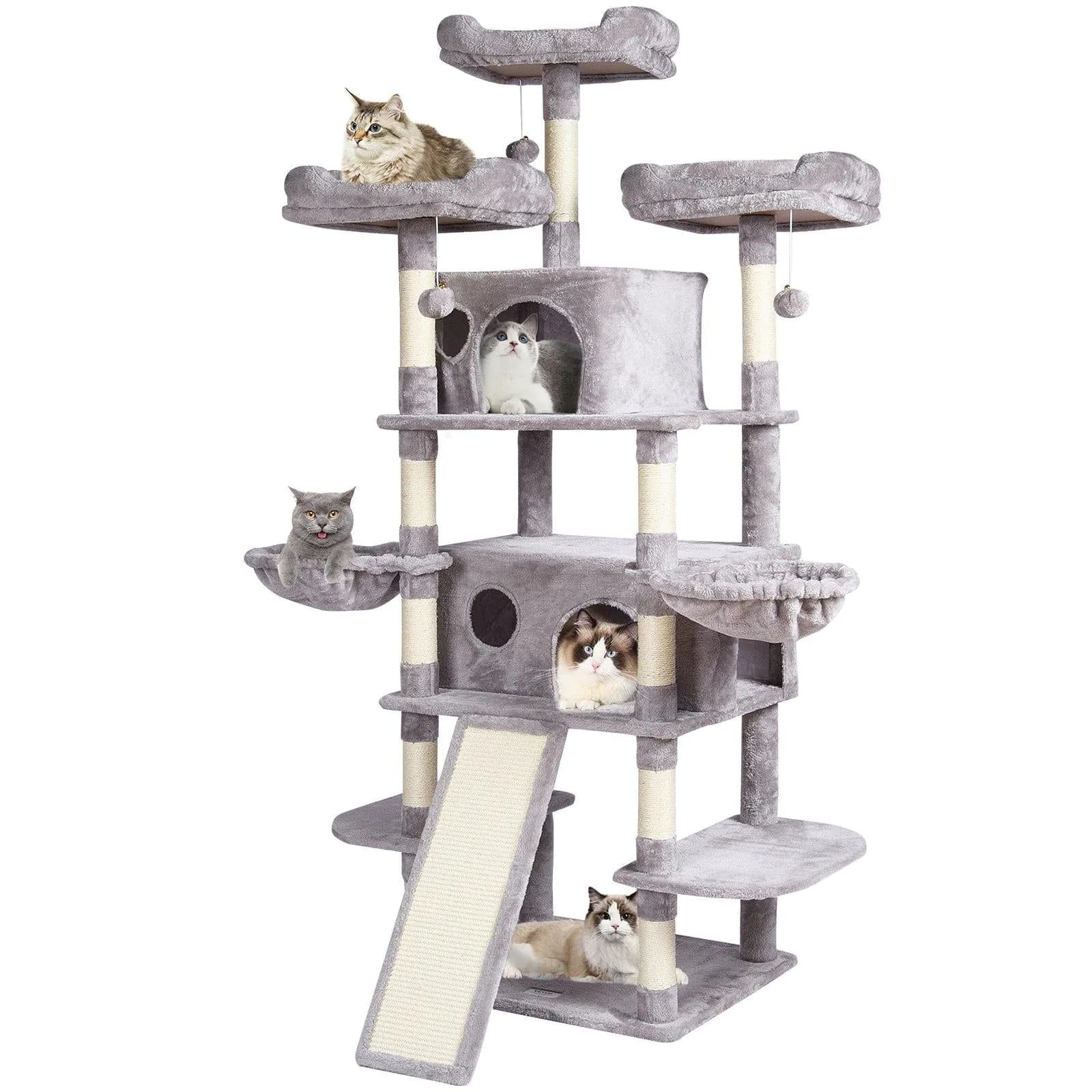 image-VEVOR Cat Tree for Indoor Cats, 68.5" Cat Tower with 2 Cat Condos, Sisal Scratching Post, Hammocks, Top Perches, Jumping Platforms and Ramp, Cat Furniture Activity Center with Hang Balls, Light Grey