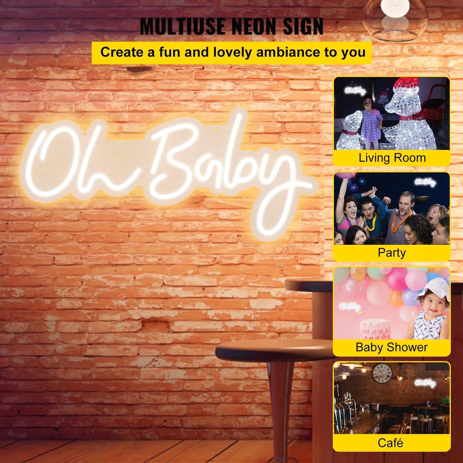image-VEVOR Oh Baby Neon Sign for Wall Decor, with Remote Control and Dimmable Switch for Baby Shower decorations, Birthday Party, Wedding Decor, 23.5x12 inches (Warm White)