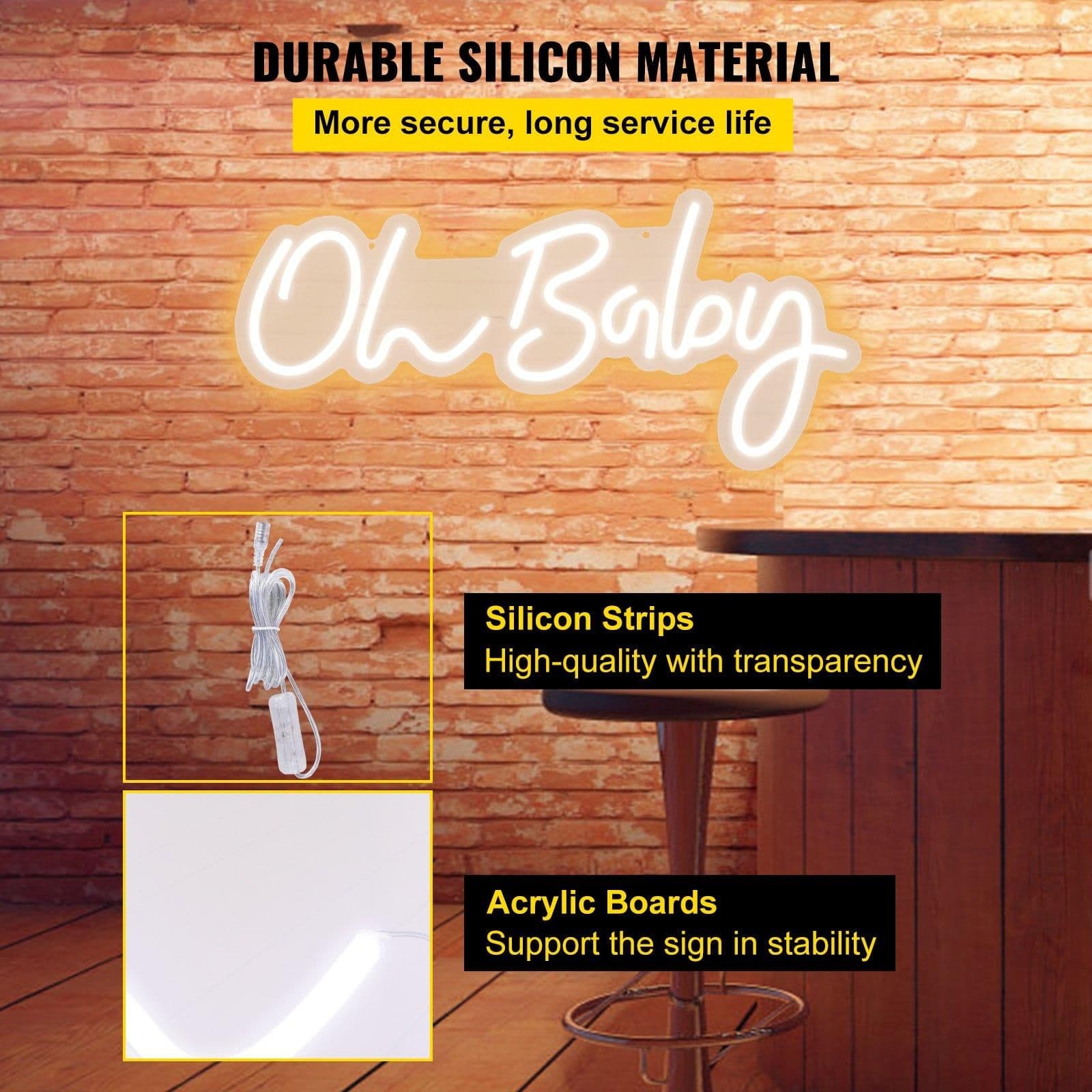 image-VEVOR Oh Baby Neon Sign for Wall Decor, with Remote Control and Dimmable Switch for Baby Shower decorations, Birthday Party, Wedding Decor, 23.5x12 inches (Warm White)
