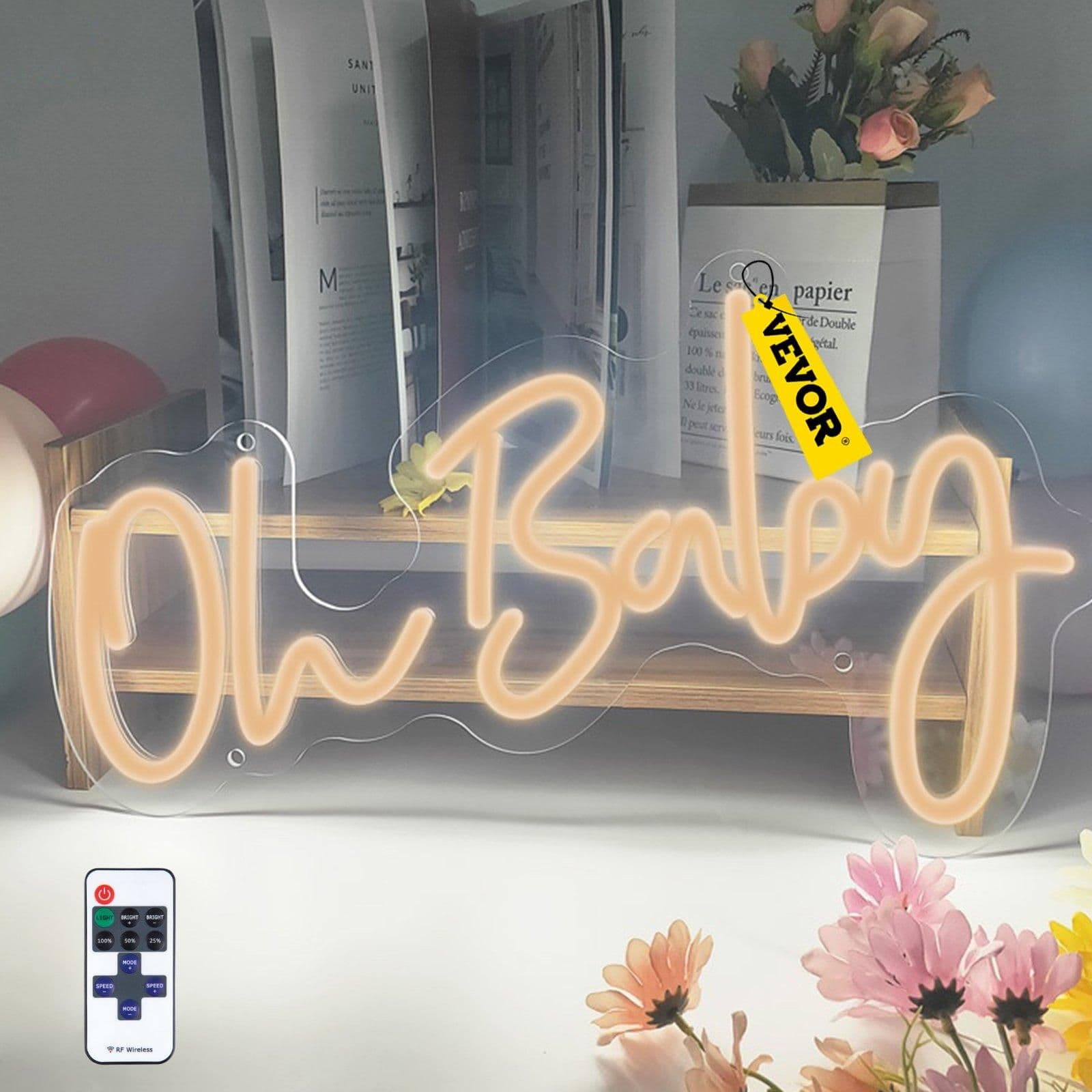 image-VEVOR Oh Baby Neon Sign for Wall Decor, with Remote Control and Dimmable Switch for Baby Shower decorations, Birthday Party, Wedding Decor, 23.5x12 inches (Warm White)