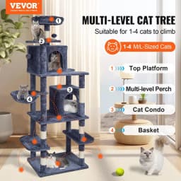 image-VEVOR Cat Tree for Indoor Cats, 68.5" Cat Tower with 2 Cat Condos, Sisal Scratching Post, Hammock, Top Perch, Jumping Platforms, Large Cat Furniture Activity Center with Hang Ball, Dark Grey