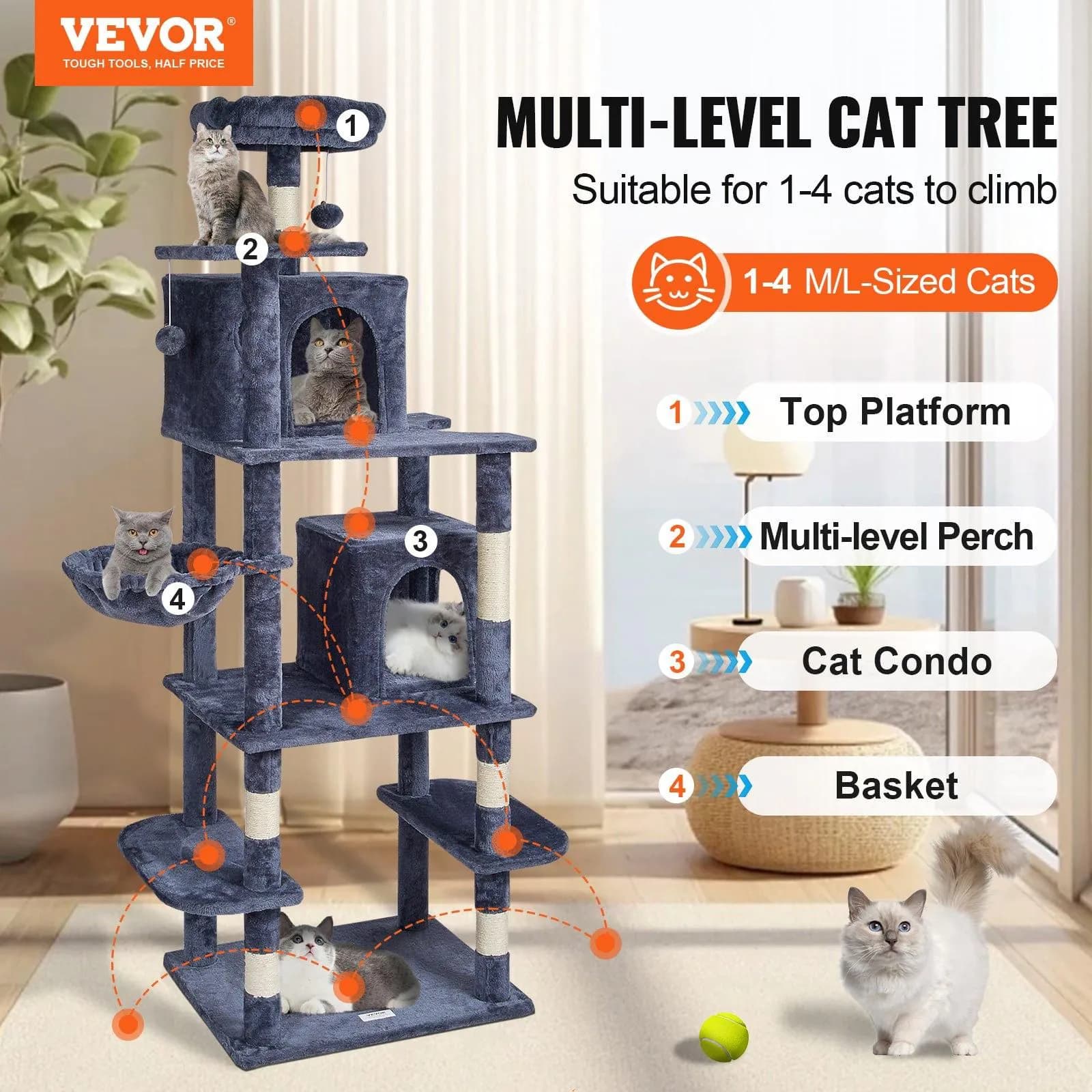 image-VEVOR Cat Tree for Indoor Cats, 68.5" Cat Tower with 2 Cat Condos, Sisal Scratching Post, Hammock, Top Perch, Jumping Platforms, Large Cat Furniture Activity Center with Hang Ball, Dark Grey