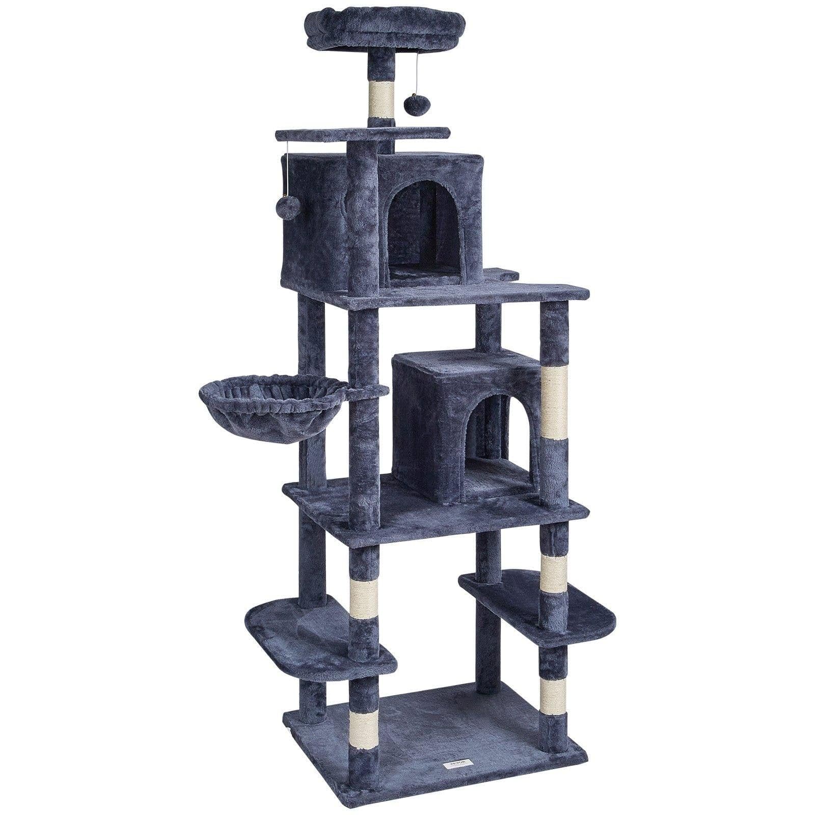 image-VEVOR Cat Tree for Indoor Cats, 68.5" Cat Tower with 2 Cat Condos, Sisal Scratching Post, Hammock, Top Perch, Jumping Platforms, Large Cat Furniture Activity Center with Hang Ball, Dark Grey