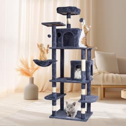 image-VEVOR Cat Tree for Indoor Cats, 68.5" Cat Tower with 2 Cat Condos, Sisal Scratching Post, Hammock, Top Perch, Jumping Platforms, Large Cat Furniture Activity Center with Hang Ball, Dark Grey