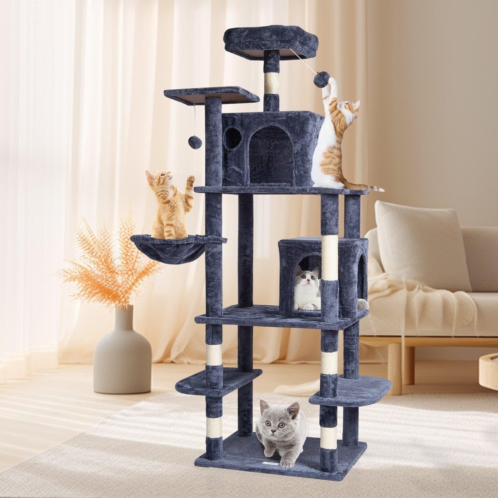 image-VEVOR Cat Tree for Indoor Cats, 68.5" Cat Tower with 2 Cat Condos, Sisal Scratching Post, Hammock, Top Perch, Jumping Platforms, Large Cat Furniture Activity Center with Hang Ball, Dark Grey