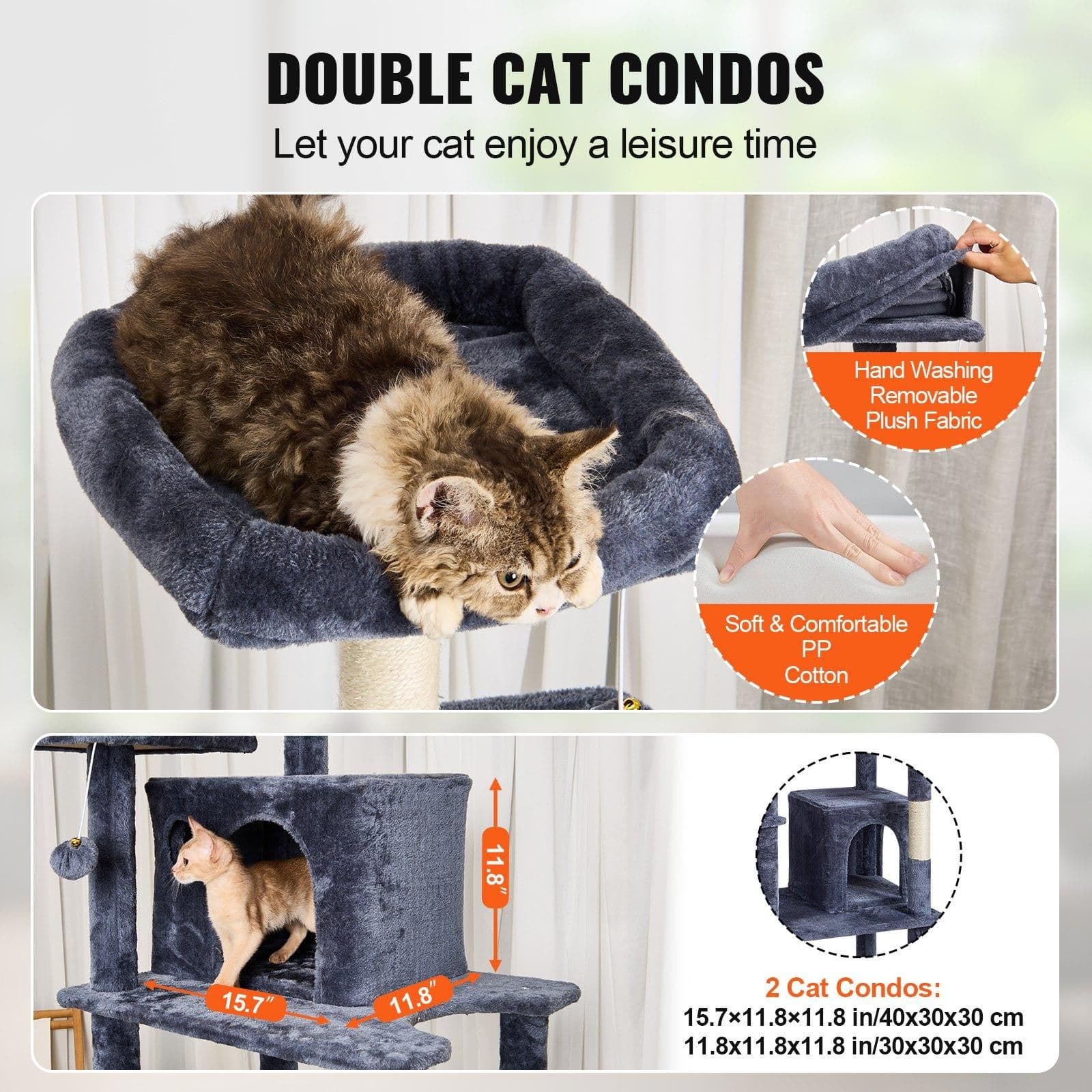 image-VEVOR Cat Tree for Indoor Cats, 68.5" Cat Tower with 2 Cat Condos, Sisal Scratching Post, Hammock, Top Perch, Jumping Platforms, Large Cat Furniture Activity Center with Hang Ball, Dark Grey