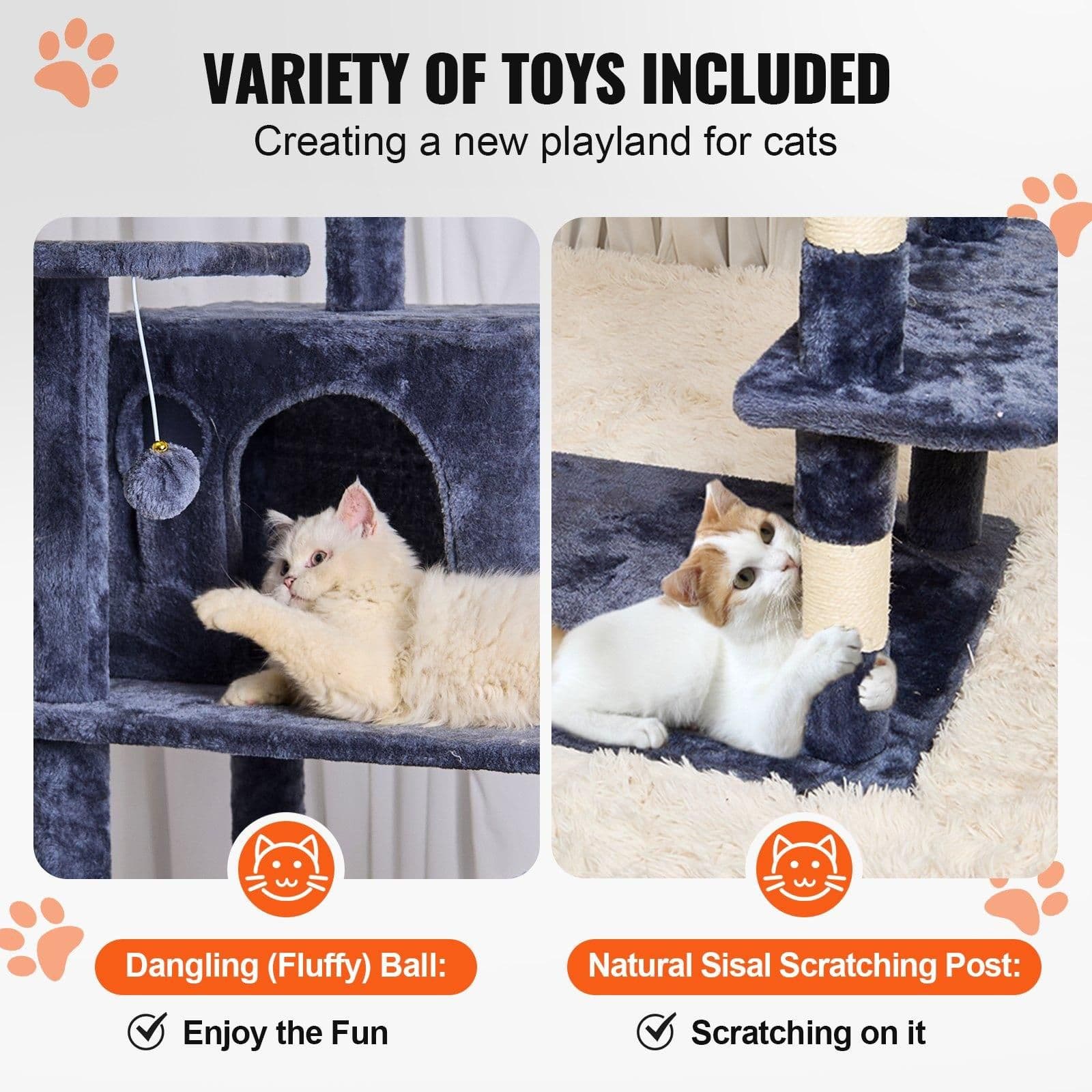 image-VEVOR Cat Tree for Indoor Cats, 68.5" Cat Tower with 2 Cat Condos, Sisal Scratching Post, Hammock, Top Perch, Jumping Platforms, Large Cat Furniture Activity Center with Hang Ball, Dark Grey