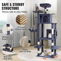 image-VEVOR Cat Tree for Indoor Cats, 68.5" Cat Tower with 2 Cat Condos, Sisal Scratching Post, Hammock, Top Perch, Jumping Platforms, Large Cat Furniture Activity Center with Hang Ball, Dark Grey
