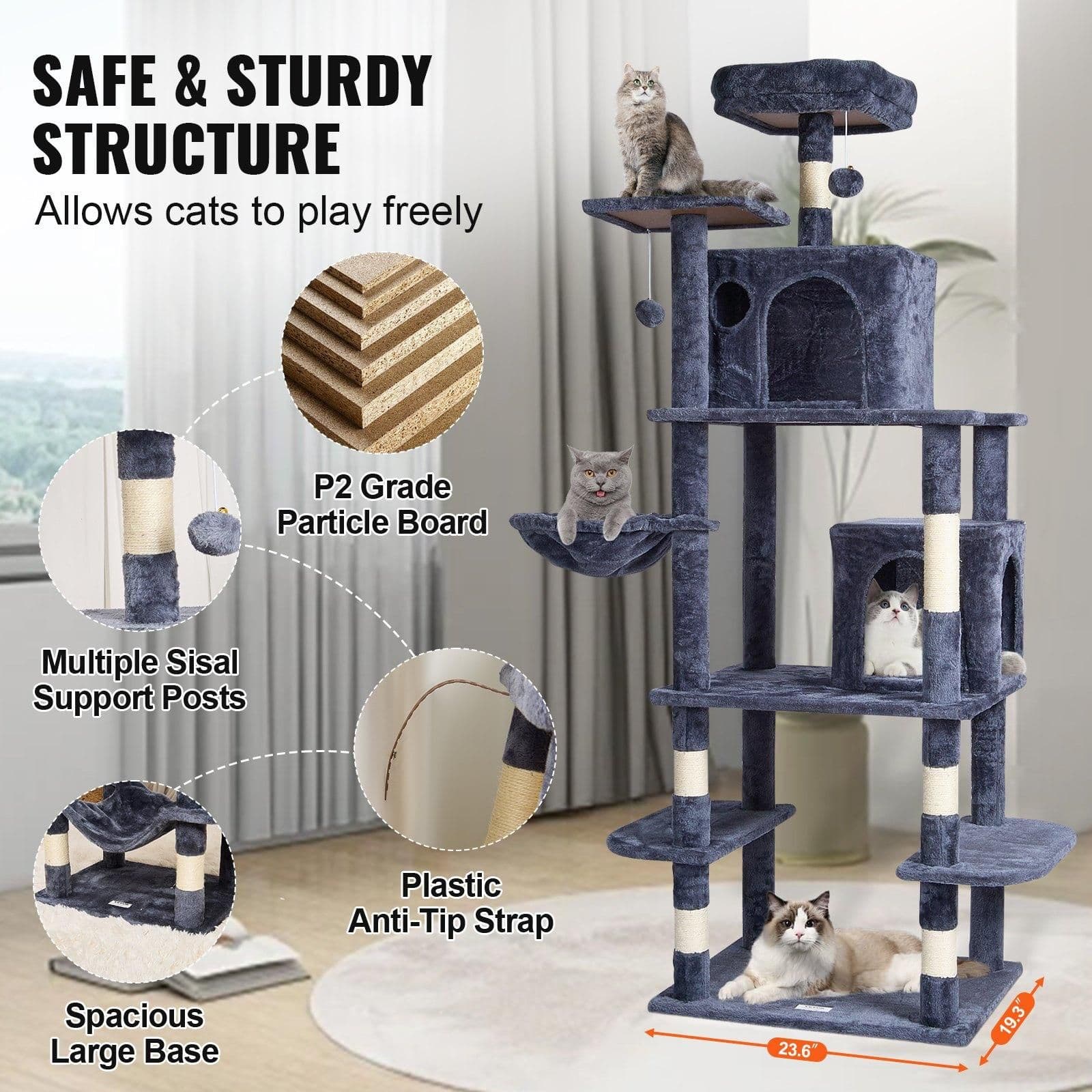 image-VEVOR Cat Tree for Indoor Cats, 68.5" Cat Tower with 2 Cat Condos, Sisal Scratching Post, Hammock, Top Perch, Jumping Platforms, Large Cat Furniture Activity Center with Hang Ball, Dark Grey