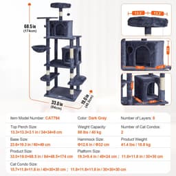image-VEVOR Cat Tree for Indoor Cats, 68.5" Cat Tower with 2 Cat Condos, Sisal Scratching Post, Hammock, Top Perch, Jumping Platforms, Large Cat Furniture Activity Center with Hang Ball, Dark Grey