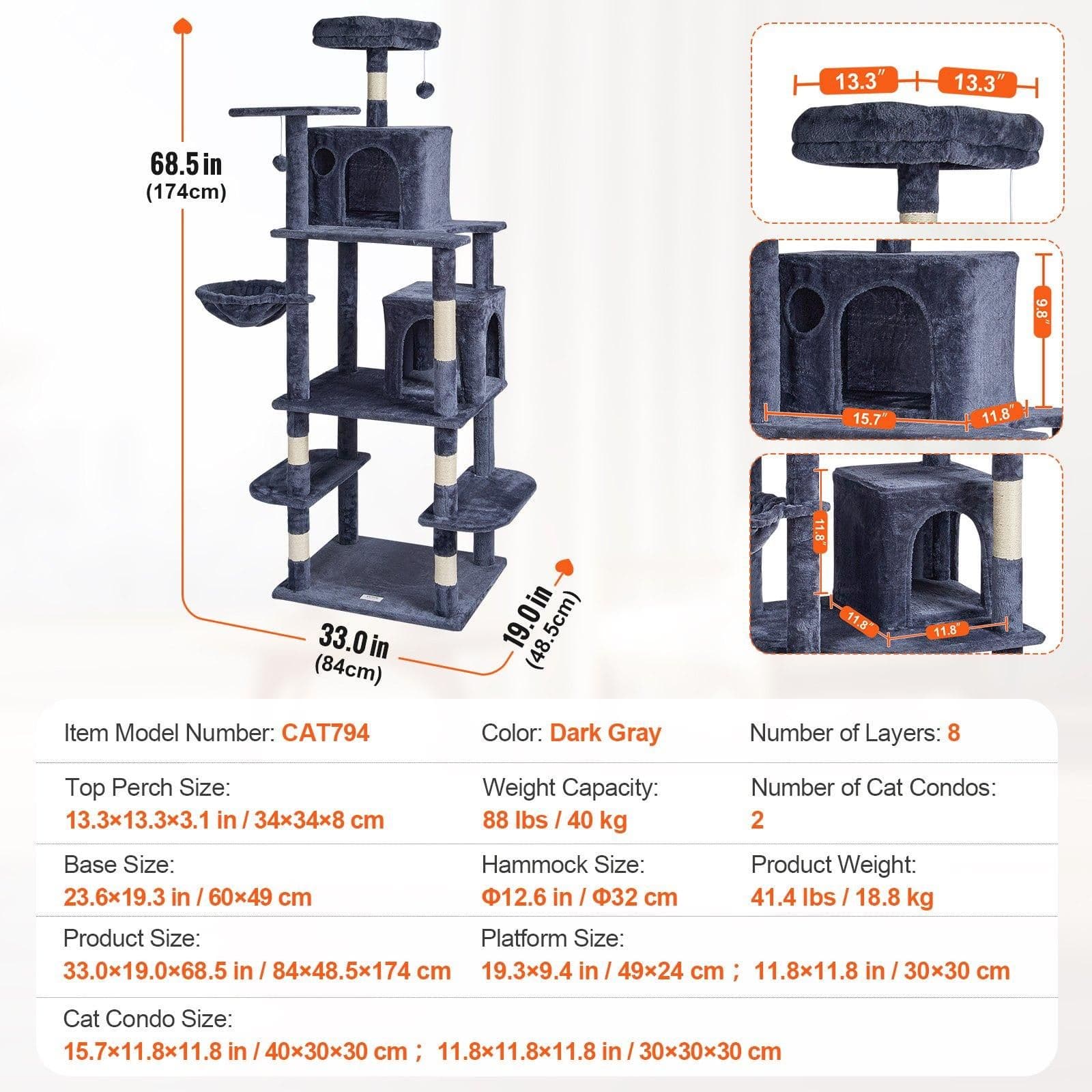 image-VEVOR Cat Tree for Indoor Cats, 68.5" Cat Tower with 2 Cat Condos, Sisal Scratching Post, Hammock, Top Perch, Jumping Platforms, Large Cat Furniture Activity Center with Hang Ball, Dark Grey