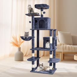 image-VEVOR Cat Tree for Indoor Cats, 68.5" Cat Tower with 2 Cat Condos, Sisal Scratching Post, Hammock, Top Perch, Jumping Platforms, Large Cat Furniture Activity Center with Hang Ball, Dark Grey