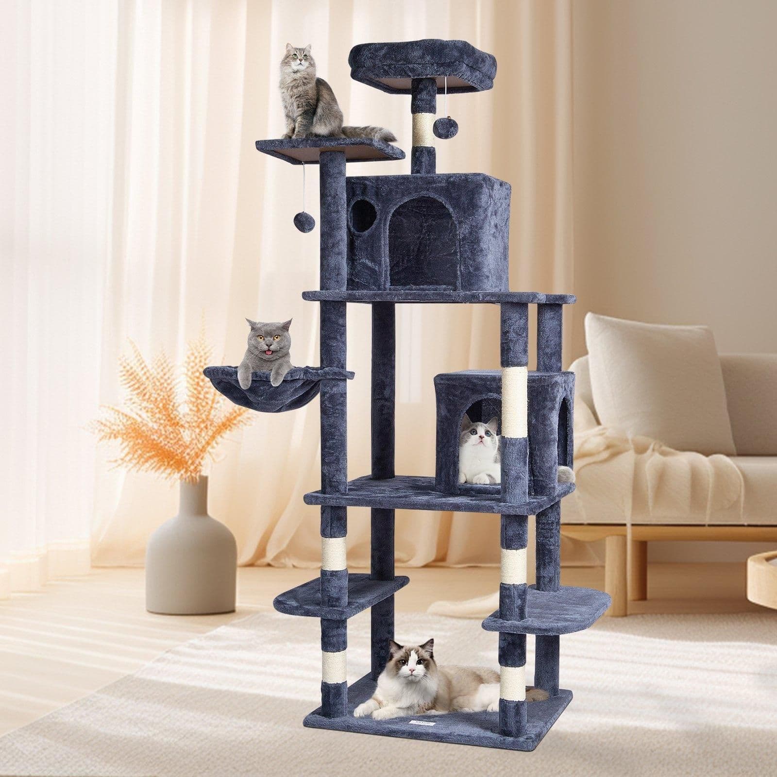 image-VEVOR Cat Tree for Indoor Cats, 68.5" Cat Tower with 2 Cat Condos, Sisal Scratching Post, Hammock, Top Perch, Jumping Platforms, Large Cat Furniture Activity Center with Hang Ball, Dark Grey