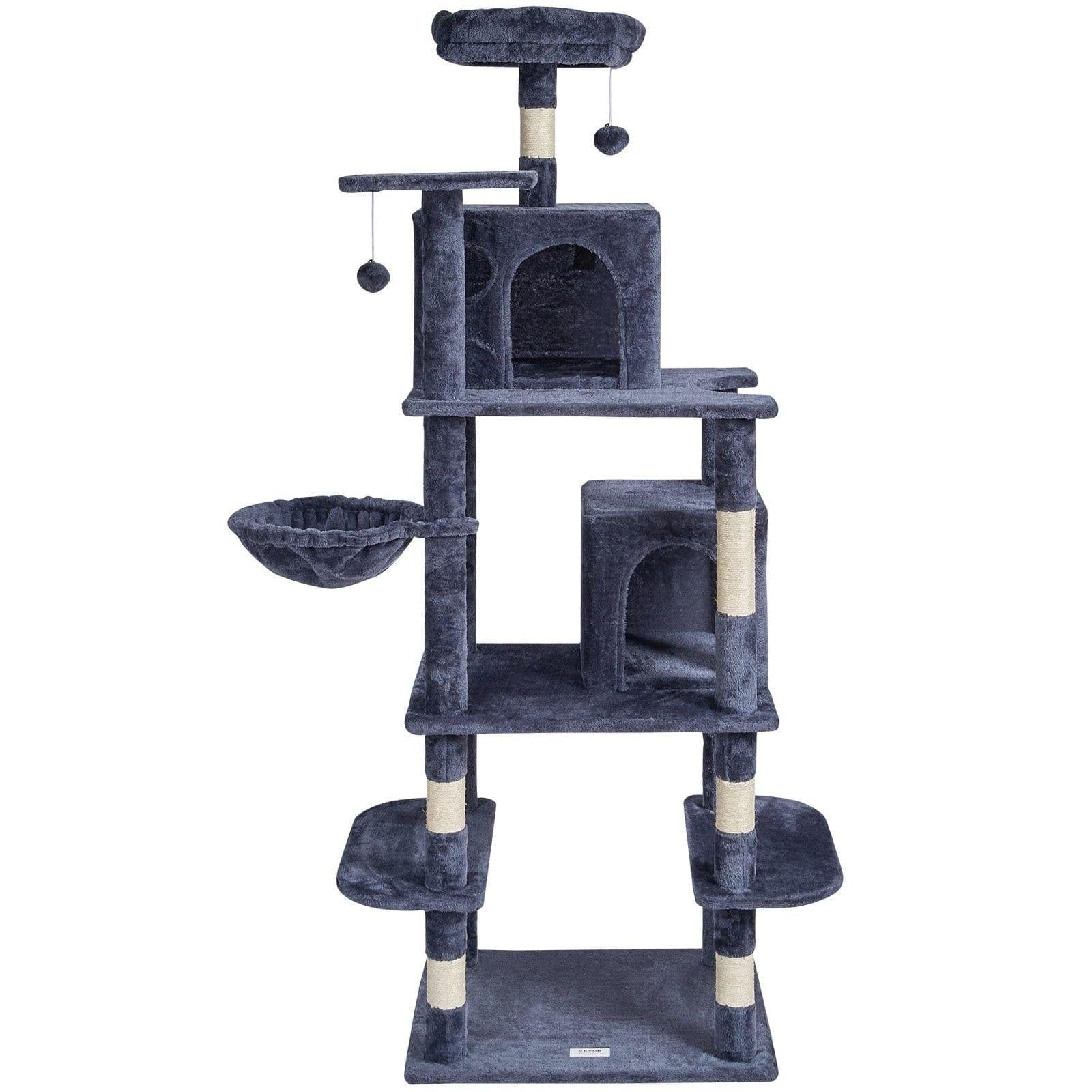 image-VEVOR Cat Tree for Indoor Cats, 68.5" Cat Tower with 2 Cat Condos, Sisal Scratching Post, Hammock, Top Perch, Jumping Platforms, Large Cat Furniture Activity Center with Hang Ball, Dark Grey