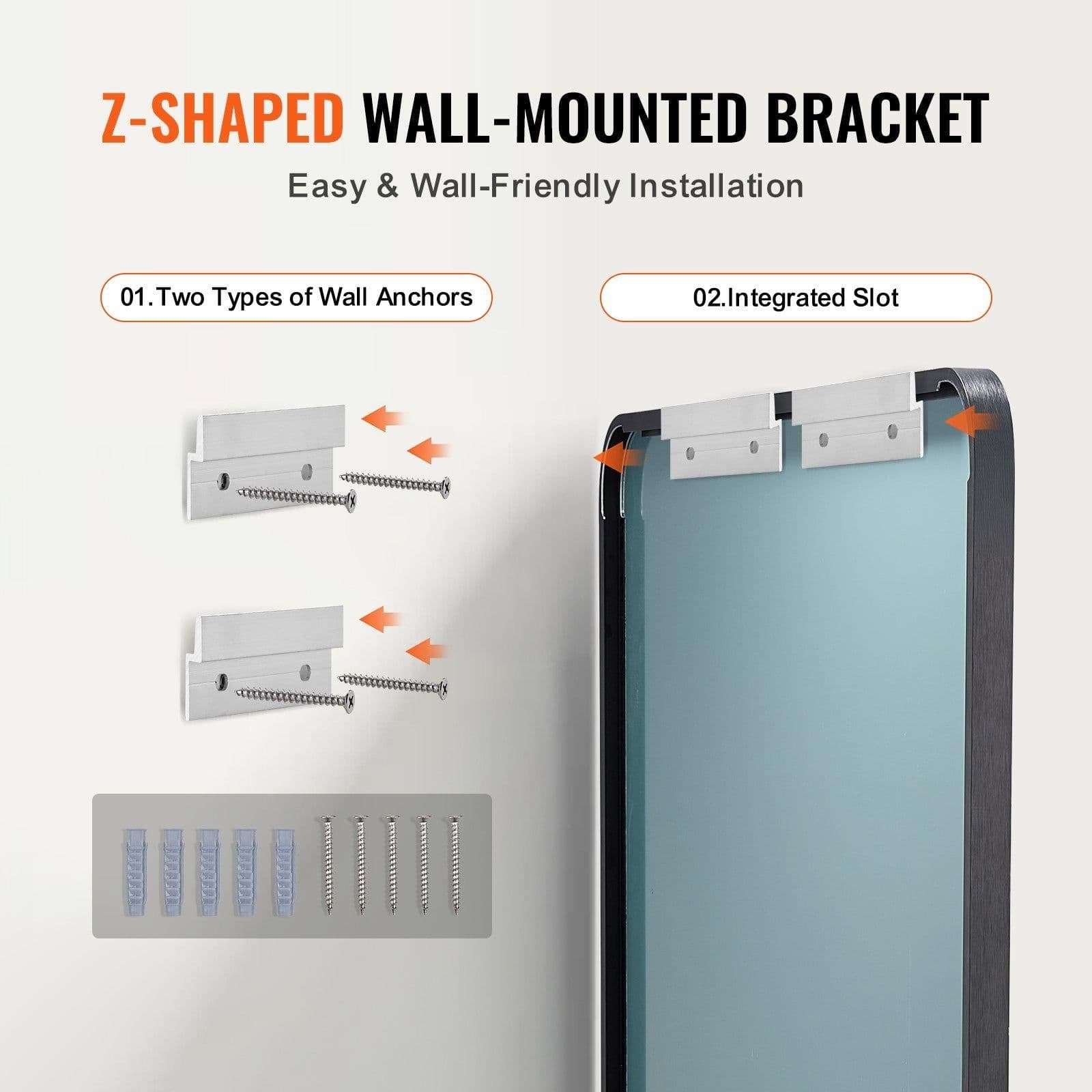 image-VEVOR Wall Mounted Makeup Mirror, 0.15" Thick, 30" x 55" Mirror with Aluminium Alloy Frame & Explosion-Proof Film, Scratch-Resistant Mirror with Z-Shaped Bracket, Fit for Bathroom/Bedroom/Living Room
