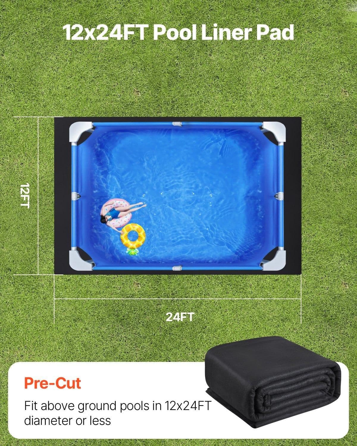image-VEVOR Rectangle Pool Liner Pad, 12 x24 ft Pool Liner Pad for Above Ground Swimming Pools, Extra-Thick Pool Mat, Prevents Punctures, Recycled Geotextile Material Underlayment Pad, Extend Liner Life