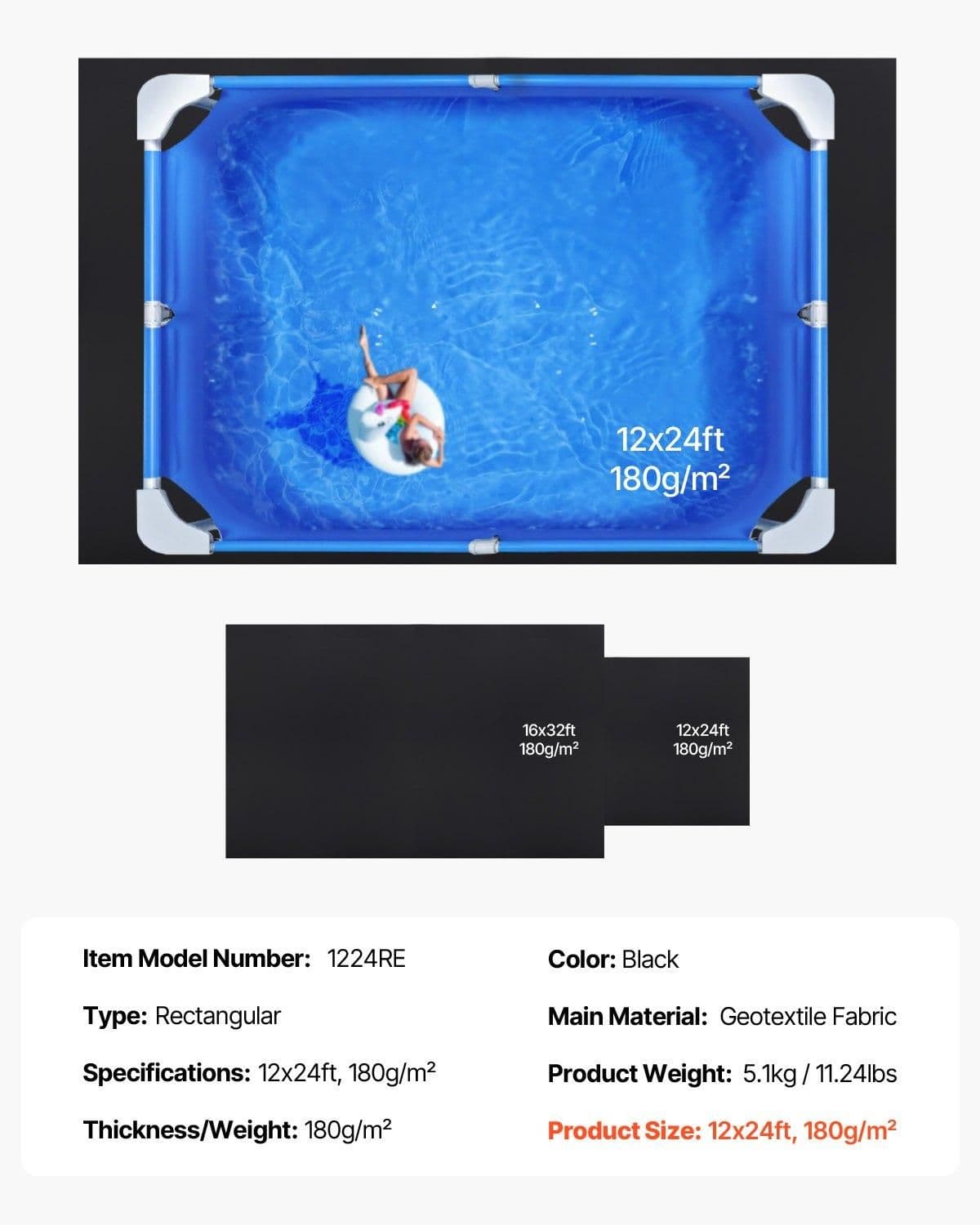 image-VEVOR Rectangle Pool Liner Pad, 12 x24 ft Pool Liner Pad for Above Ground Swimming Pools, Extra-Thick Pool Mat, Prevents Punctures, Recycled Geotextile Material Underlayment Pad, Extend Liner Life