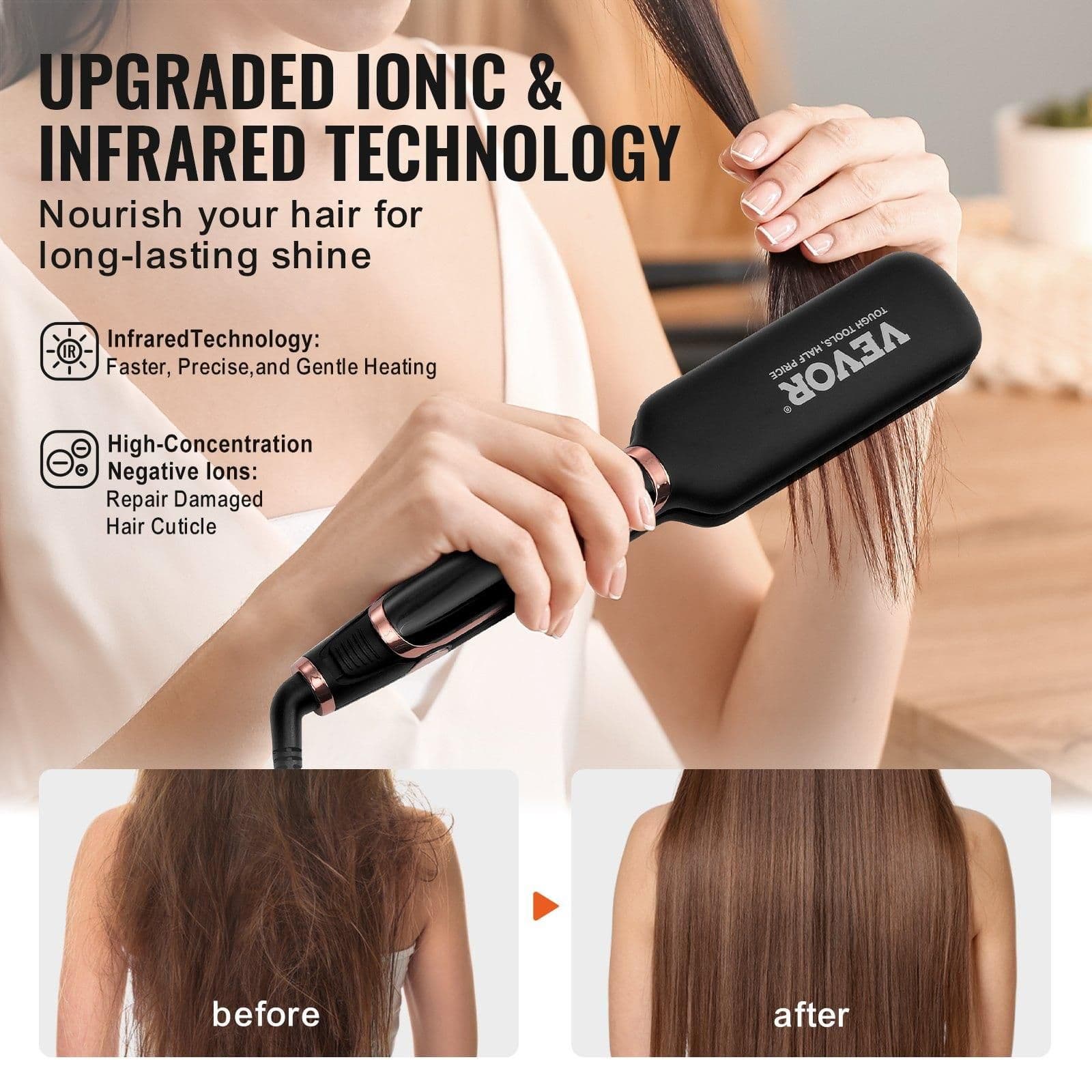 image-VEVOR Titanium Hair Straightener, 2-inch - Features Infrared, Negative Ions, Dual Voltage (110V/240V), LCD Screen & 11 Temperature Settings, Ideal for Salon, Home & Travel
