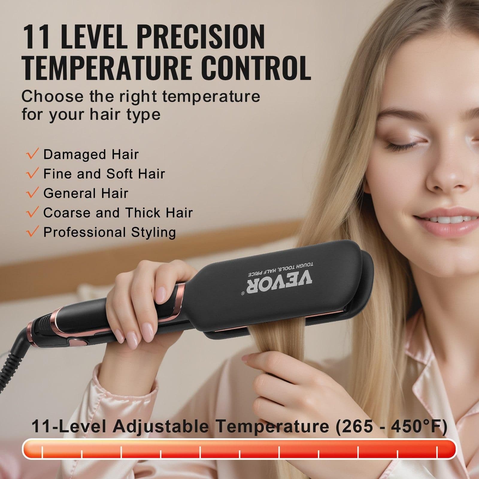 image-VEVOR Titanium Hair Straightener, 2-inch - Features Infrared, Negative Ions, Dual Voltage (110V/240V), LCD Screen & 11 Temperature Settings, Ideal for Salon, Home & Travel