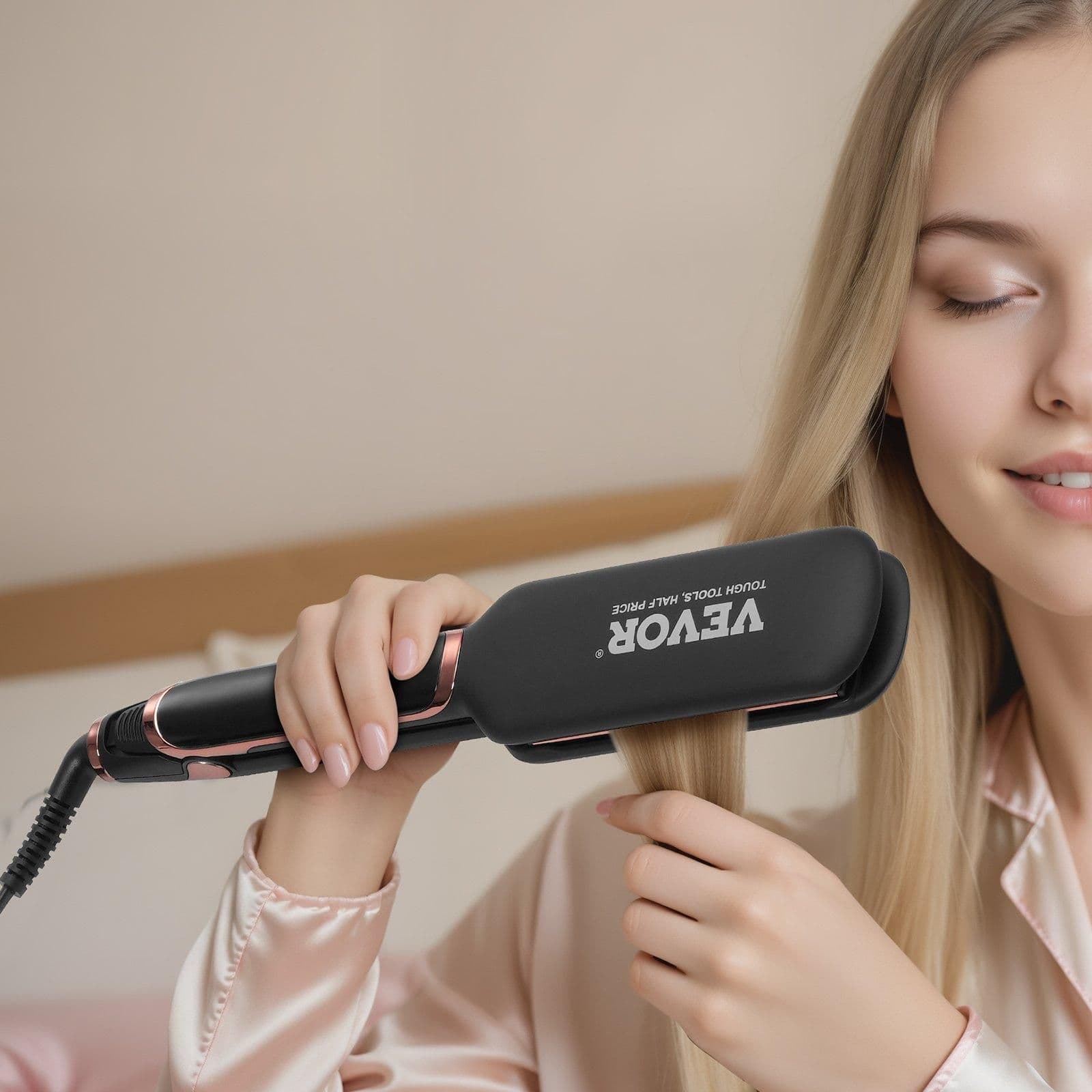 image-VEVOR Titanium Hair Straightener, 2-inch - Features Infrared, Negative Ions, Dual Voltage (110V/240V), LCD Screen & 11 Temperature Settings, Ideal for Salon, Home & Travel