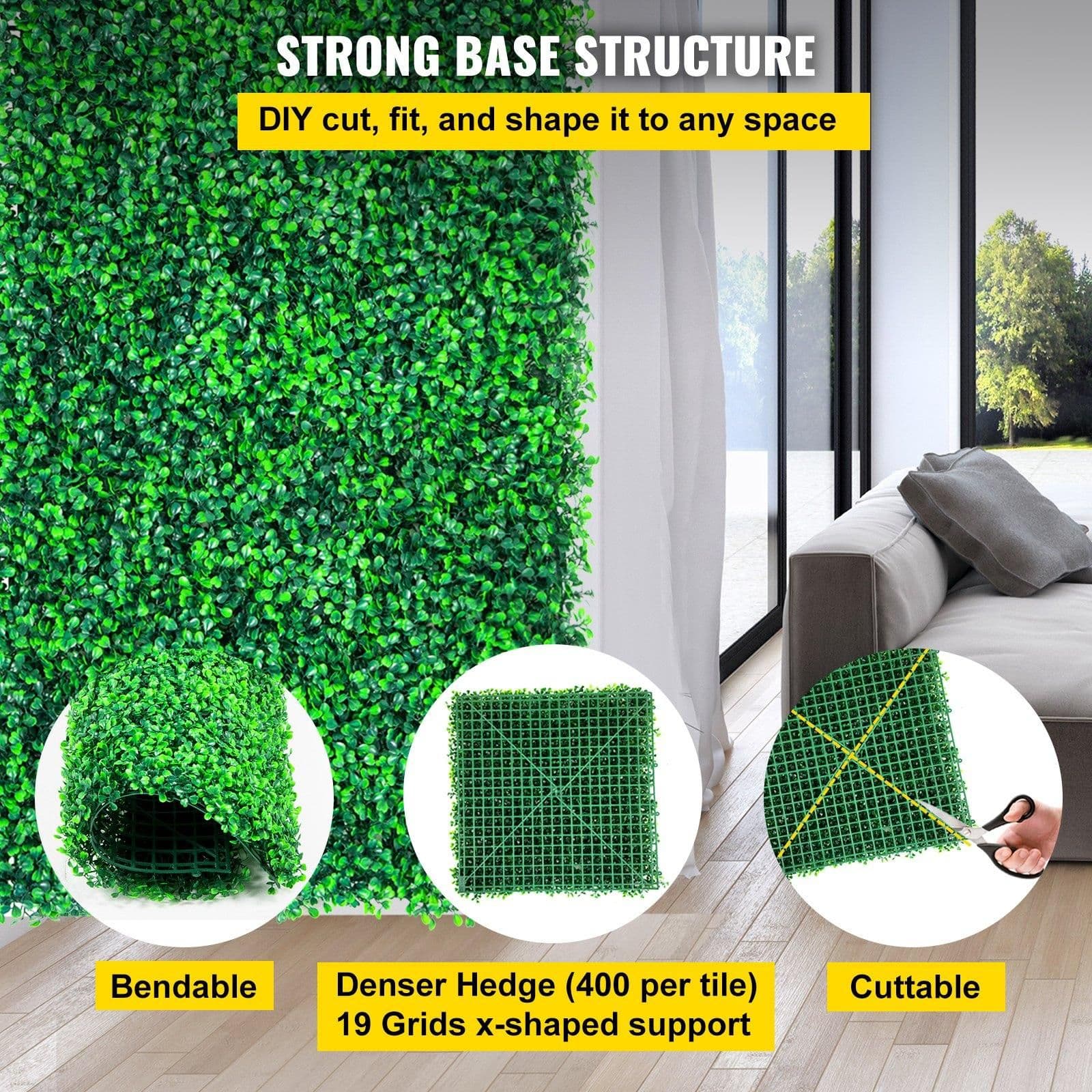 image-VEVOR Artificial Boxwood Panels, 20 PCS 20"x20" Boxwood Hedge Wall Panels, PE Artificial Grass Backdrop Wall 1.6", Privacy Hedge Screen for Decoration of Outdoor, Indoor, Garden, Fence, and Backyar