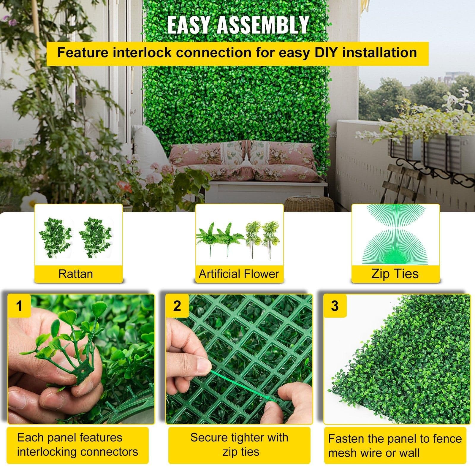 image-VEVOR Artificial Boxwood Panels, 20 PCS 20"x20" Boxwood Hedge Wall Panels, PE Artificial Grass Backdrop Wall 1.6", Privacy Hedge Screen for Decoration of Outdoor, Indoor, Garden, Fence, and Backyar