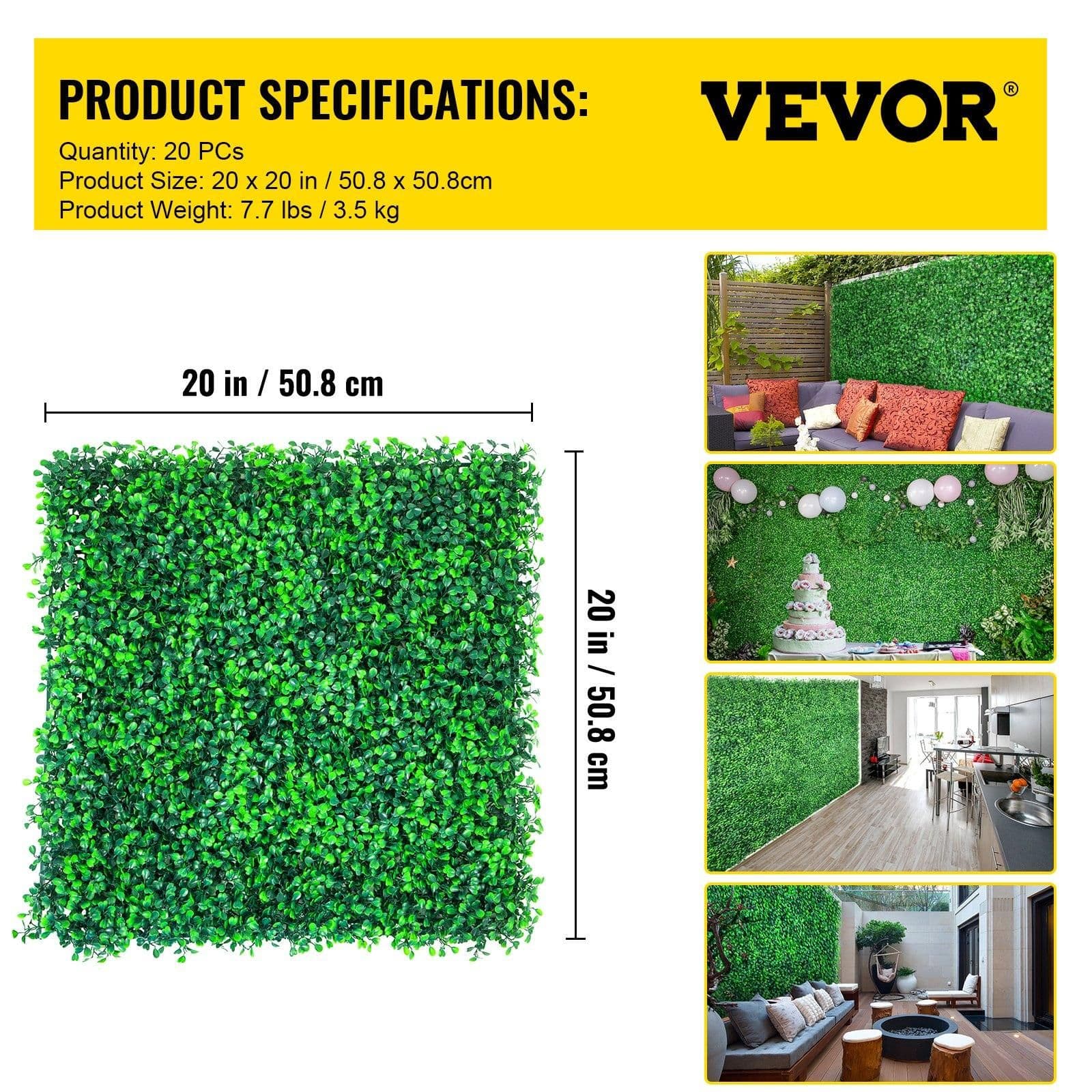 image-VEVOR Artificial Boxwood Panels, 20 PCS 20"x20" Boxwood Hedge Wall Panels, PE Artificial Grass Backdrop Wall 1.6", Privacy Hedge Screen for Decoration of Outdoor, Indoor, Garden, Fence, and Backyar