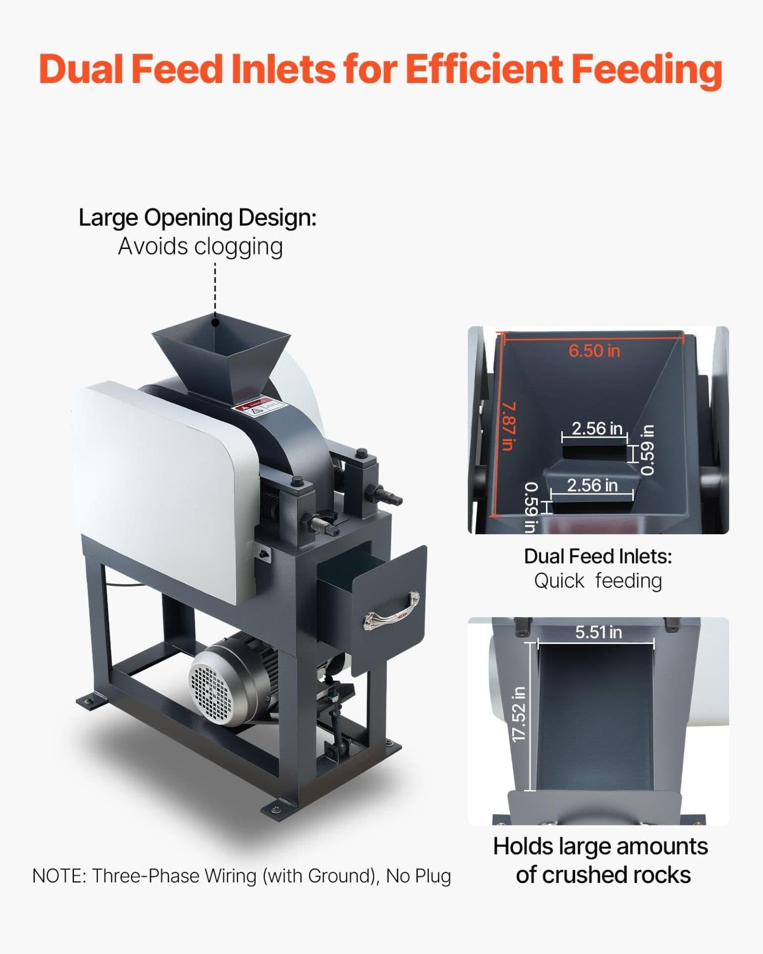 image-VEVOR Rock Crusher, 220V Double Roller Crushers, Industrial Shredder with 2.56x0.59 inch Dual Feed Inlets, 1740RPM Speed Stone Grinder Rock Crusher, 1.5KW Electric Shatter Pulverizer, 860kg/h Crushing