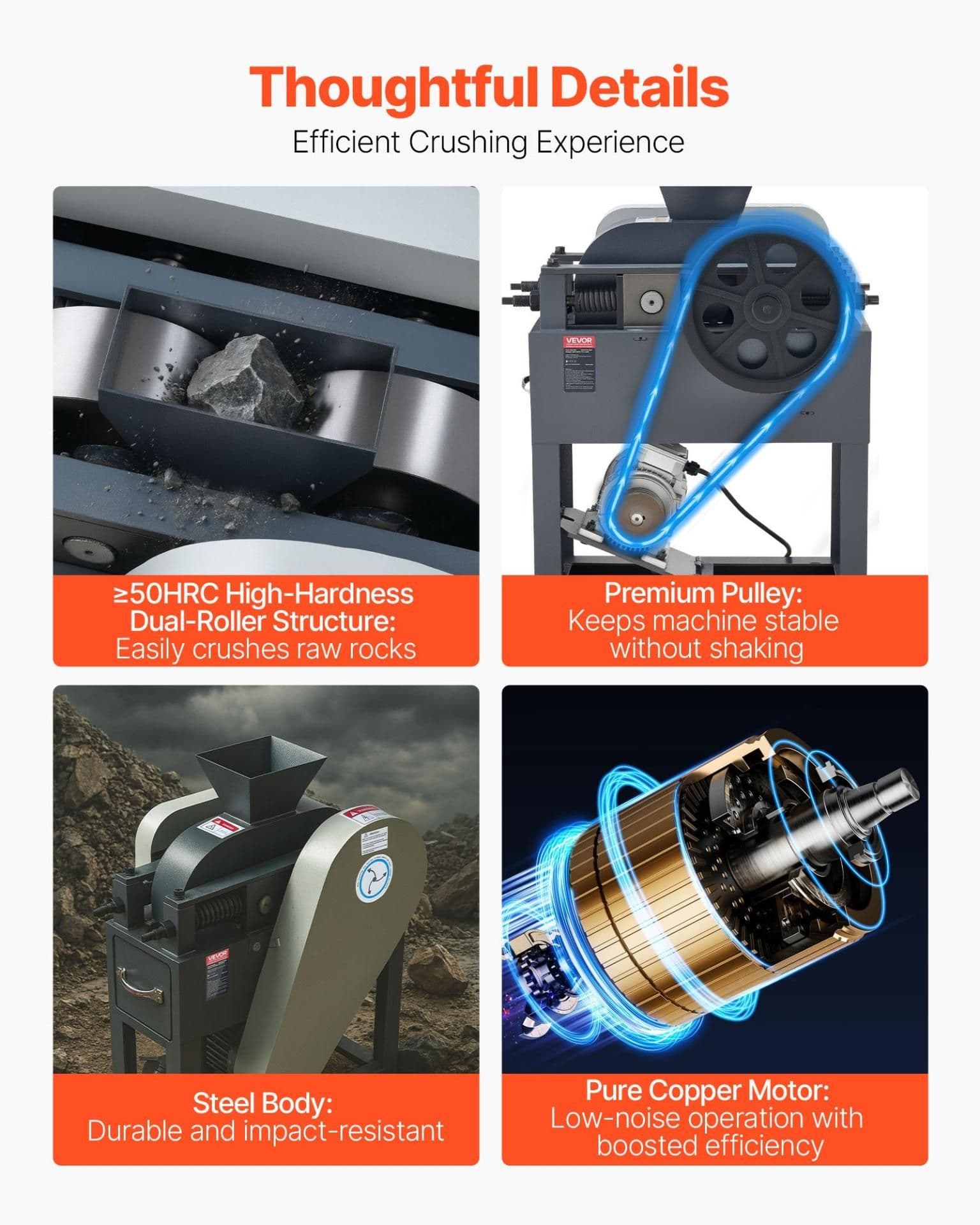 image-VEVOR Rock Crusher, 220V Double Roller Crushers, Industrial Shredder with 2.56x0.59 inch Dual Feed Inlets, 1740RPM Speed Stone Grinder Rock Crusher, 1.5KW Electric Shatter Pulverizer, 860kg/h Crushing