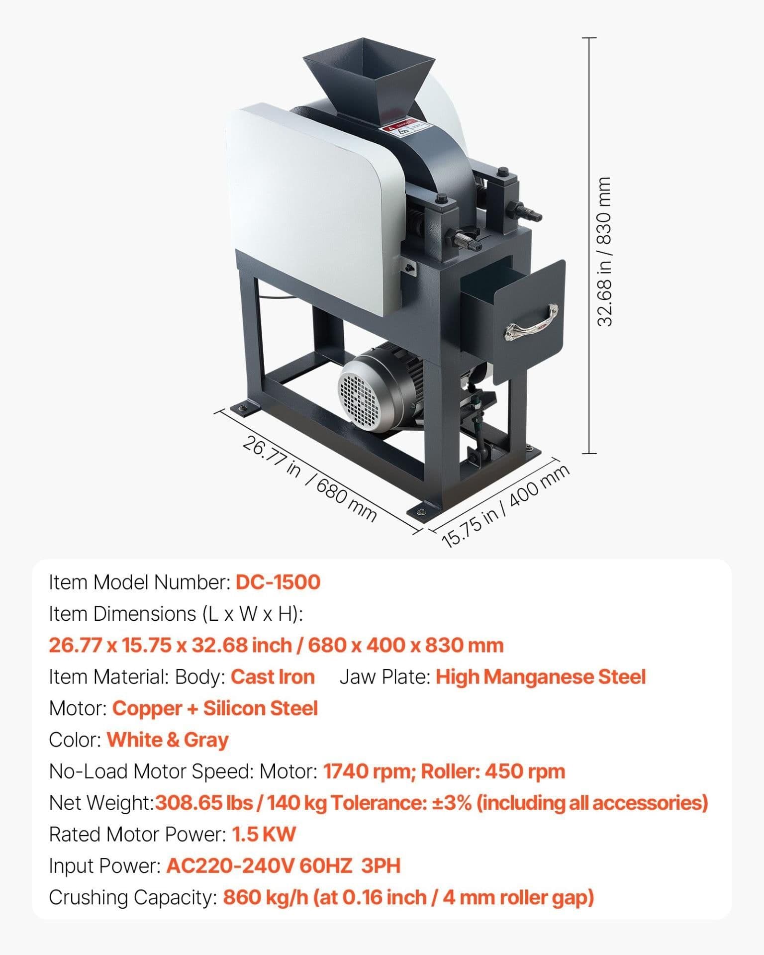 image-VEVOR Rock Crusher, 220V Double Roller Crushers, Industrial Shredder with 2.56x0.59 inch Dual Feed Inlets, 1740RPM Speed Stone Grinder Rock Crusher, 1.5KW Electric Shatter Pulverizer, 860kg/h Crushing