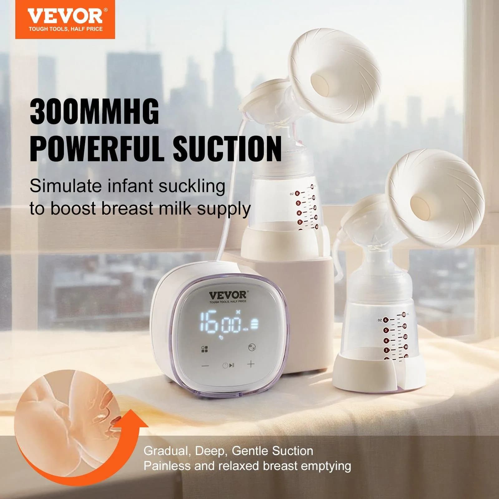 image-VEVOR Breast Pump, Double Electric Breast Pumps, 4 Modes & 16 Levels, 300mmHg Strong Suction, 2800mAH Rechargeable Anti-Backflow Breastfeeding Pump with LED Display, 18/21mm Inserts, 24/28mm Flanges