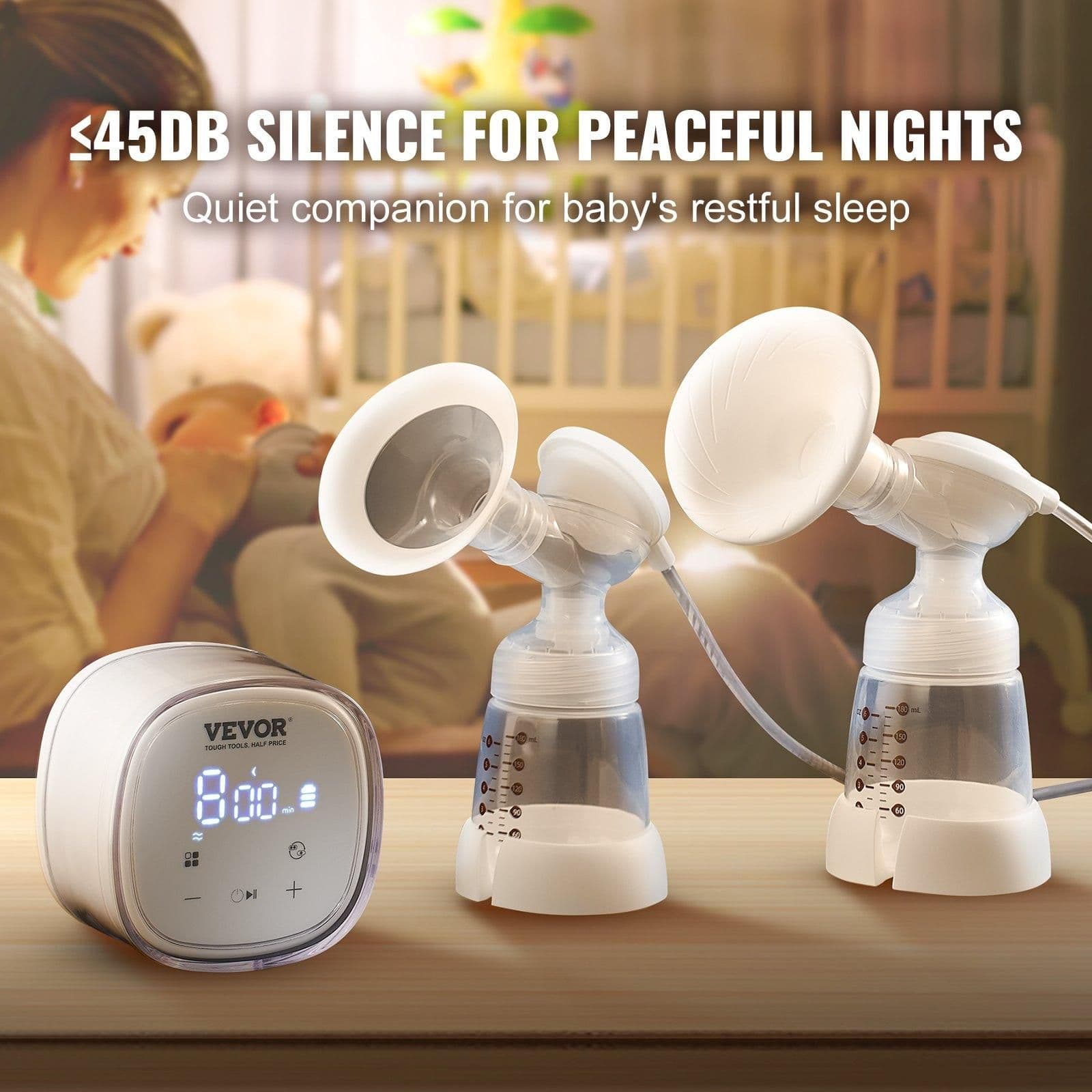 image-VEVOR Breast Pump, Double Electric Breast Pumps, 4 Modes & 16 Levels, 300mmHg Strong Suction, 2800mAH Rechargeable Anti-Backflow Breastfeeding Pump with LED Display, 18/21mm Inserts, 24/28mm Flanges