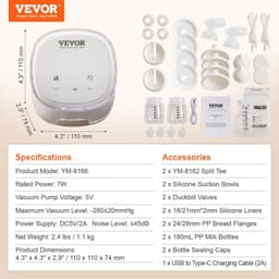 image-VEVOR Breast Pump, Double Electric Breast Pumps, 4 Modes & 16 Levels, 300mmHg Strong Suction, 2800mAH Rechargeable Anti-Backflow Breastfeeding Pump with LED Display, 18/21mm Inserts, 24/28mm Flanges